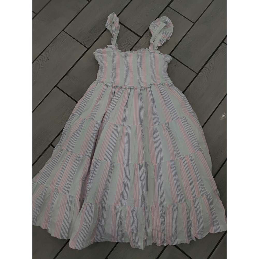 RuffleButts Womens Pastel Seersucker Tiered Maxi Dress Pink Blue Green Striped L